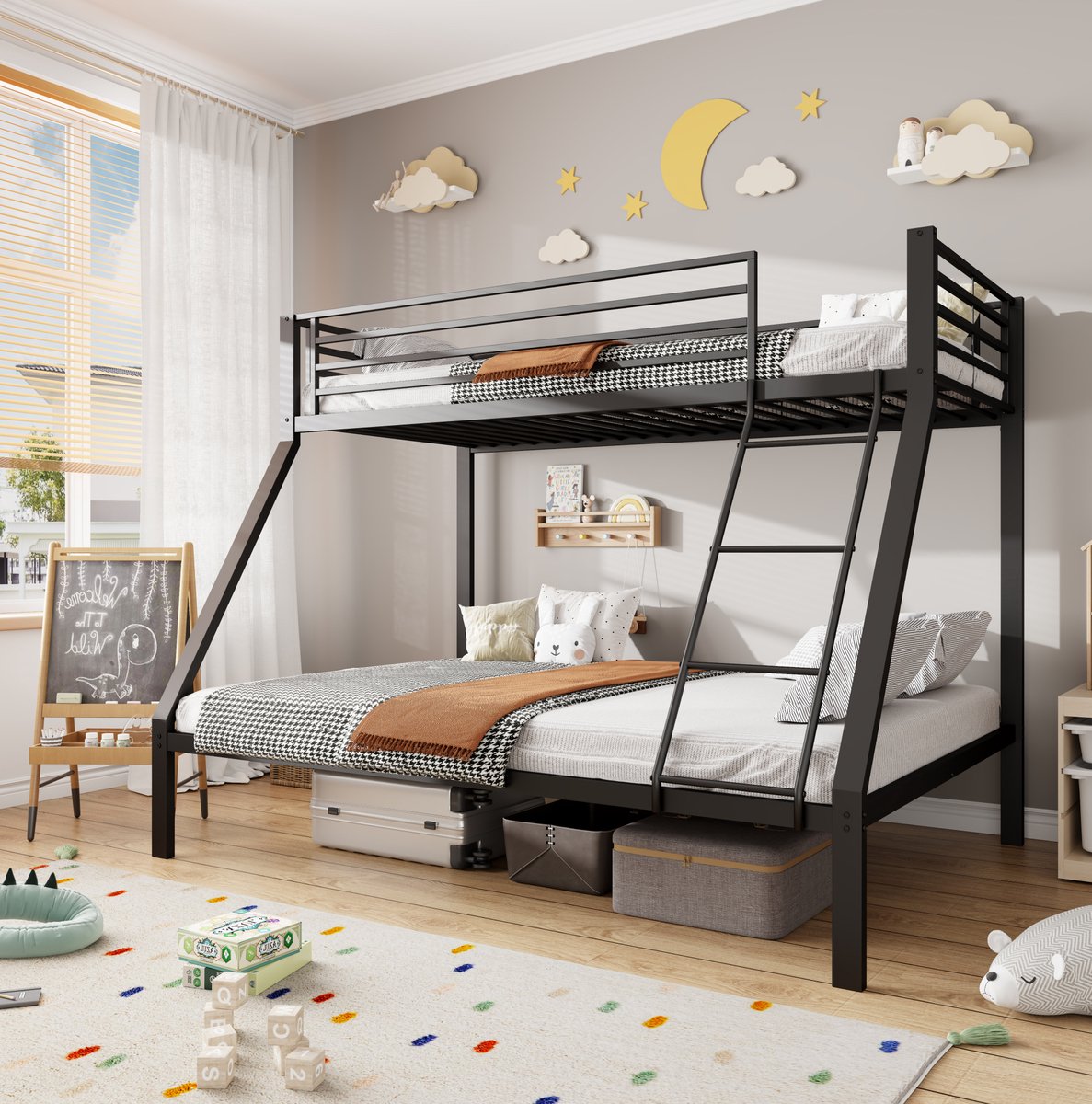 STILVORA Metalen Stapelbed 90/140 x 200 cm – Ruimtebesparend Familiebed met Veiligheidsladder en Uitvalbeveiliging – Lattenbodem – Zwart – Zonder matras
