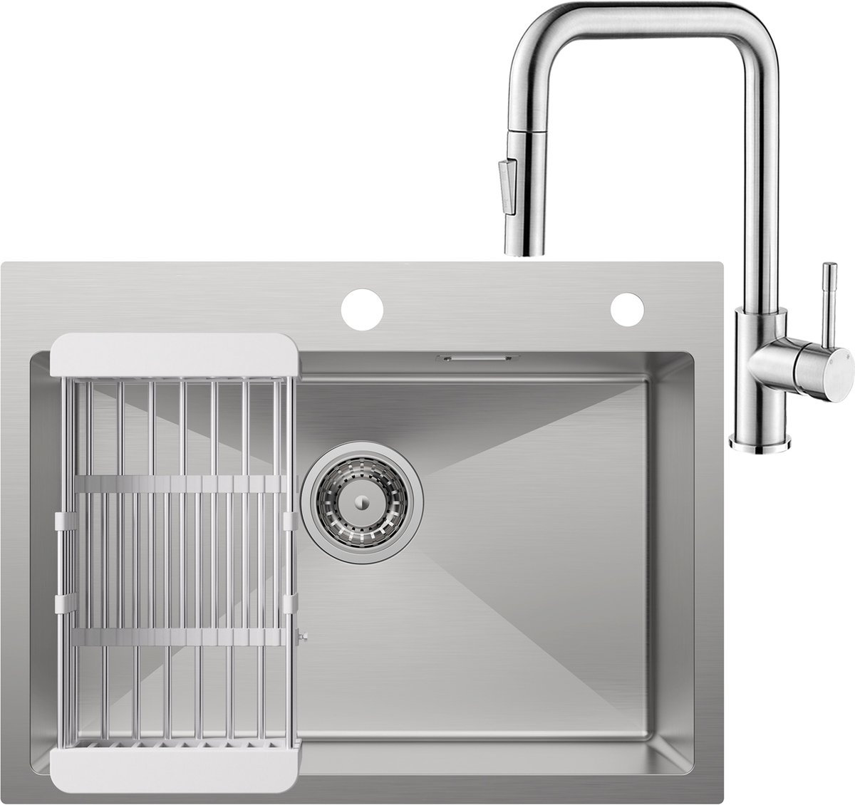 CECIPA max Spoelbak 60x45CM - Spoelbak Keuken Met Premium Keukenkraan - Handgemaakte Roestvrijstalen Gootsteen - Spoelbak Met Afdruipgedeelte - Met Afdruiprek