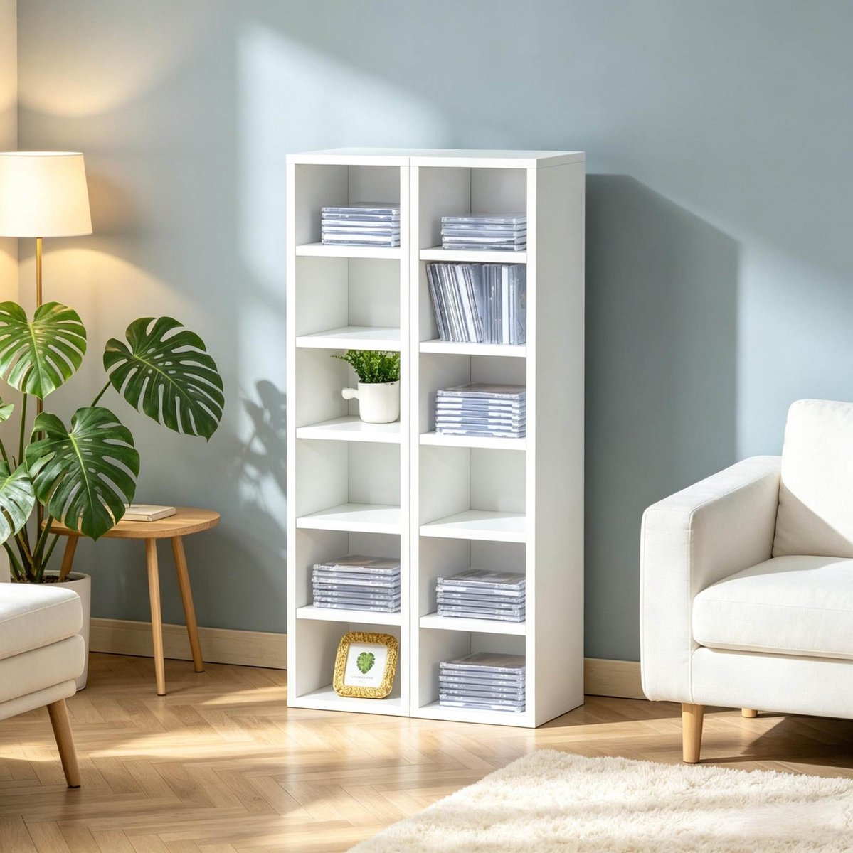 STILVORA CD en DVD-opbergsysteem – 21 x 19,2 x 88,3 cm – 12 Vakken – MDF en Spaanplaat – Wit – Open Mediakast Voor Woonkamer Of Kantoor