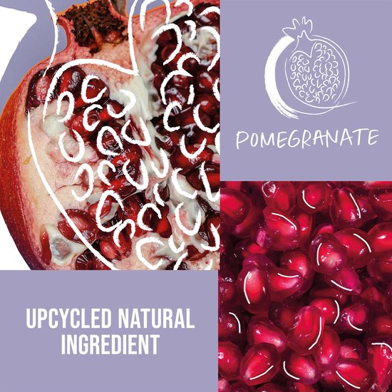 Collage van een granaatappel, met tekst 'Upcycled Natural Ingredient' en 'POMEGRANATE'.