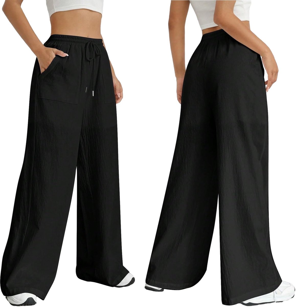 Nuofengkudu Zomerwijdebroek voor dames, UK katoen en linnen met trekkoord, elastische taille, zakken, lichtgewicht - ShopVlot
