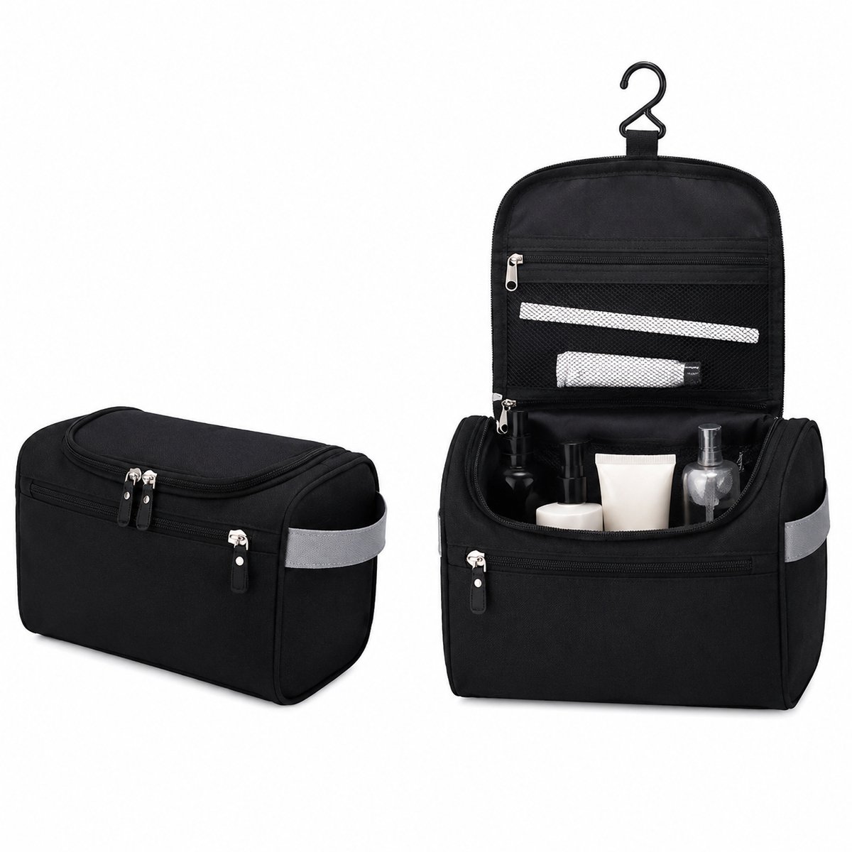 Toilettas met Haak - Ophangbare Reistoilettas - Travel Organizer met Meerdere Vakken - 4,5 L - Compacte Toiletzak voor Dames en Heren - Zwart