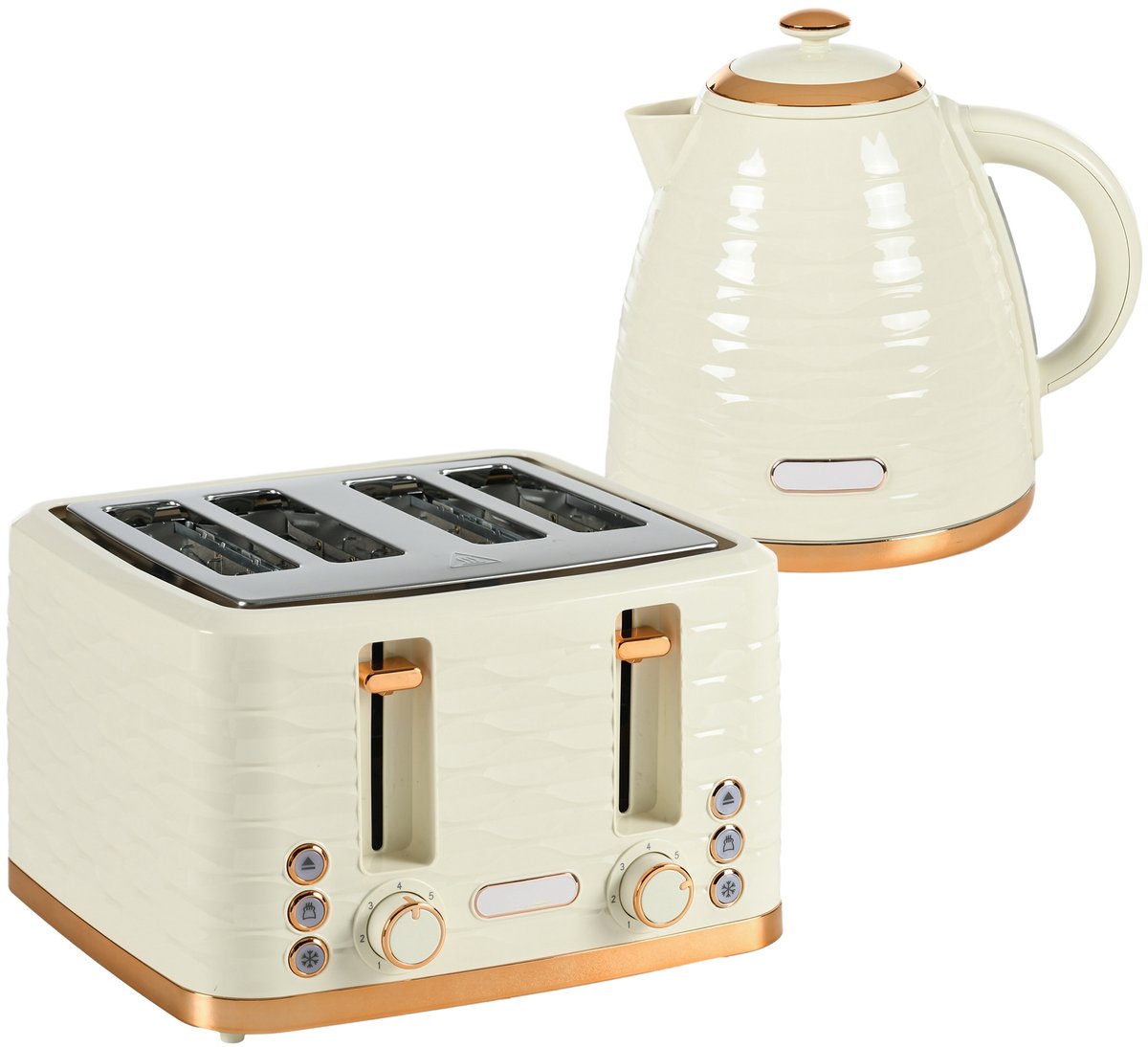 ECTEATOY® Waterkoker en Broodrooster Set - Waterkoker 1,7L en Broodrooster 4 Sneden - 7 Bruiningsstanden, Ontdooifunctie - Beige