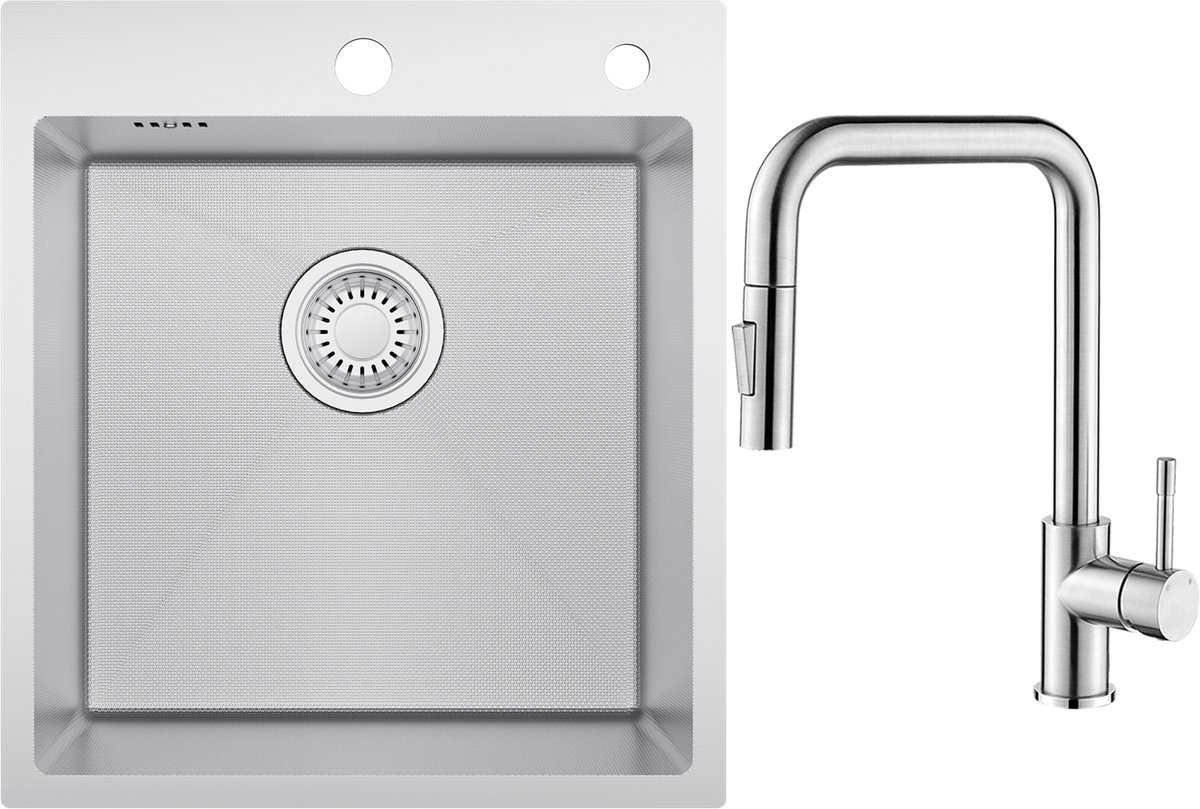 CECIPA max Spoelbak Keuken 44*49CM - Spoelbakken met Kraangat en Premium Keukenkraan - Enkele spoelbak Met Waterafvoersysteem - Wasbak Keuken RVS