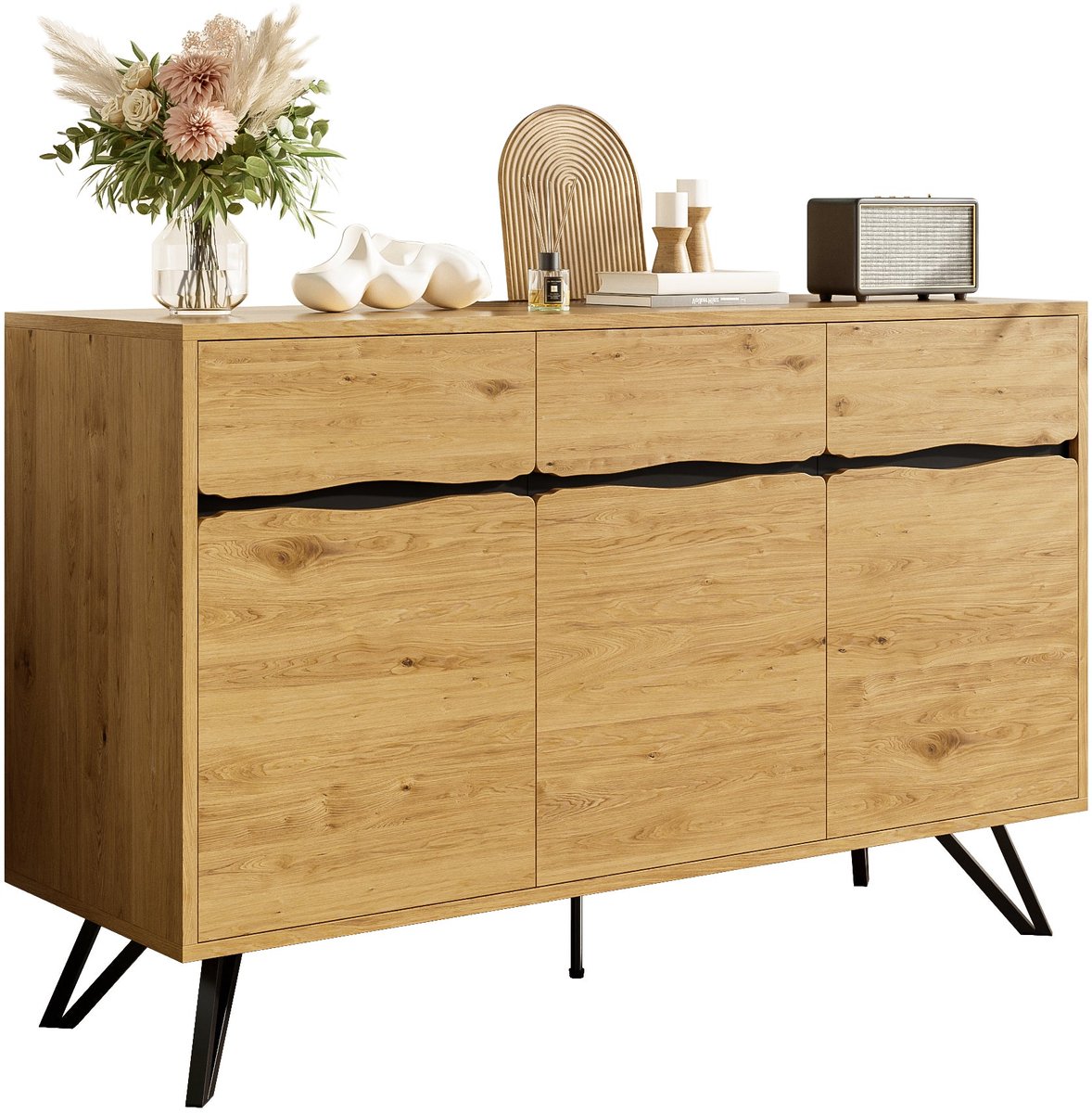 Merax Dressoir met 3 Deuren – Opbergkast met Houtdecor en Zwarte Metalen Poten – Buffetkast 140 x 40 x 75,5 cm