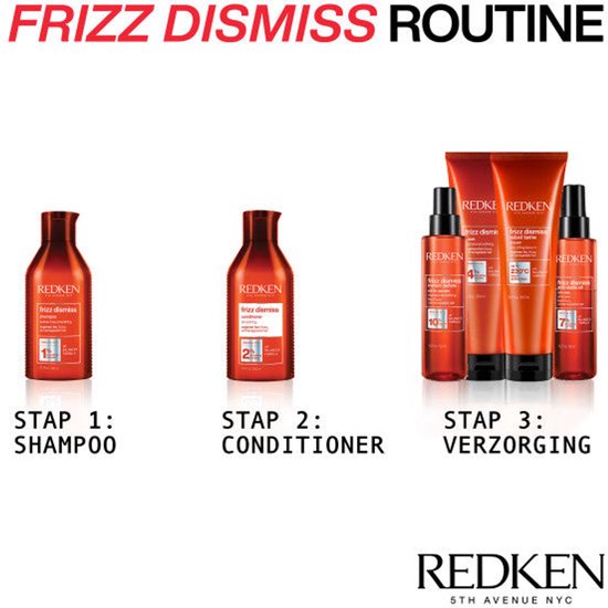 Étape 1: Shampooing, Étape 2: Après-shampooing, Étape 3: Soin, avec les produits Redken Frizz Dismiss rouges.