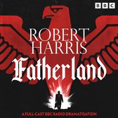 Affiche avec un aigle rouge et "Robert Harris Fatherland" inscrit. Un homme en silhouette se tient en bas.