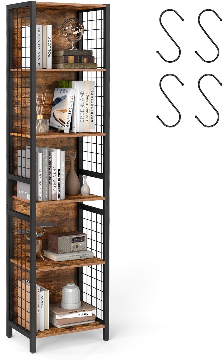 Famanu – Boekenkast, 6-laags stellingkast met stalen frame, 30 x 40 x 175,6 cm, ideaal voor het opbergen van boeken en decoratie