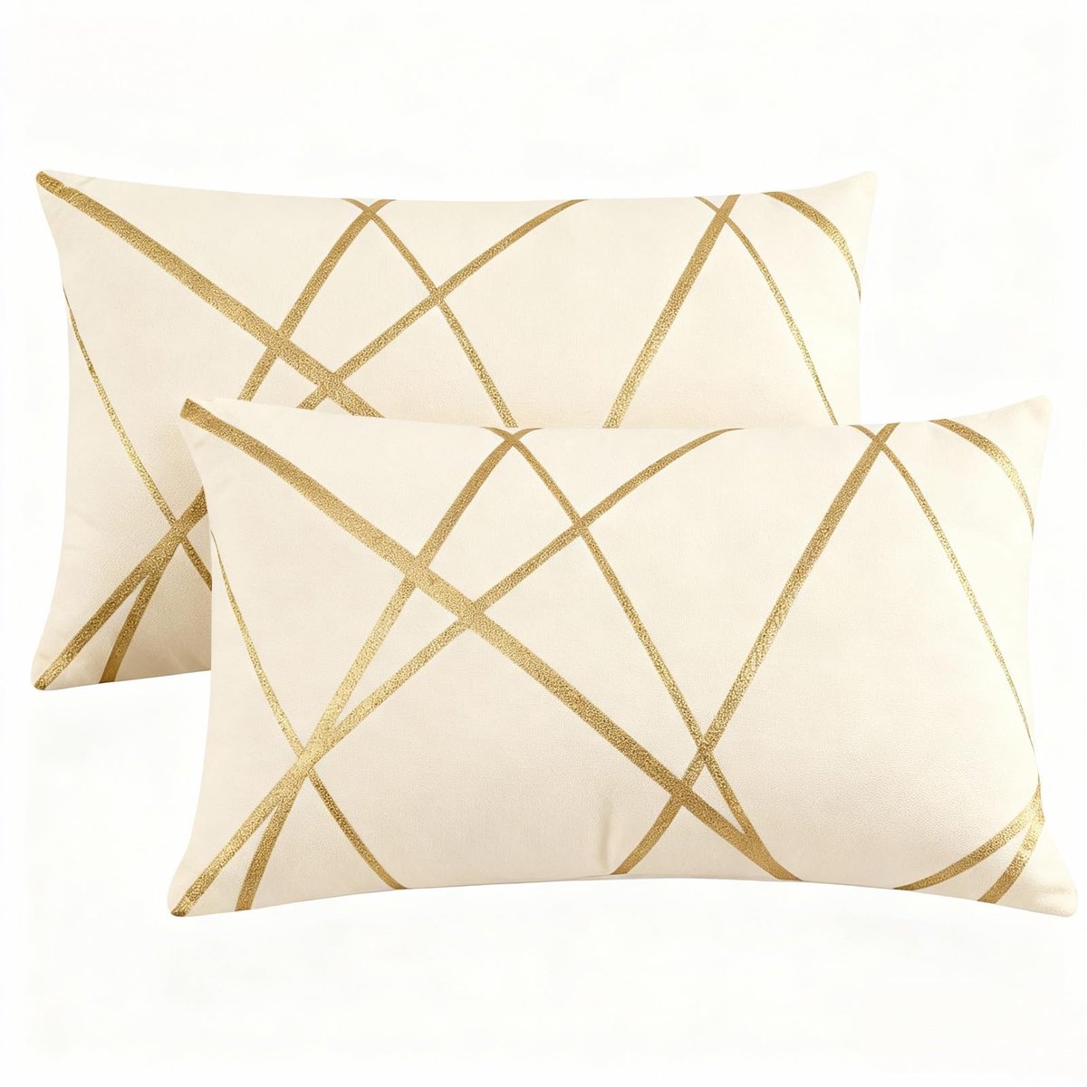 Famanu Set van 2 luxe fluwelen kussenslopen 30 x 50 cm, gouden gestreepte decoratieve hoezen voor bank en slaapkamer, beige