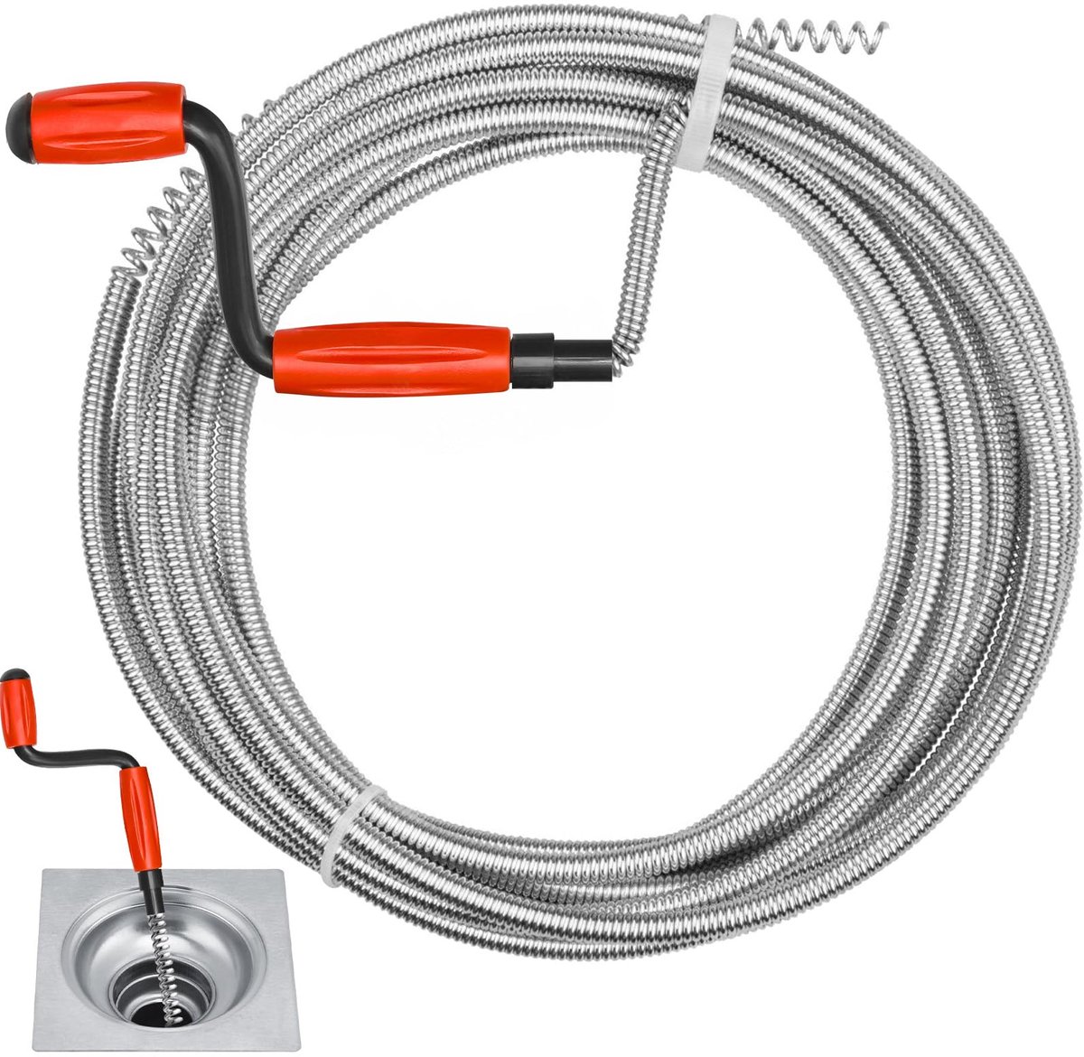 Famanu – Afvoerreiniger, 5 m × 6 mm, wc-ontstopper met zwengel, geschikt voor gootstenen en badkamerslangen