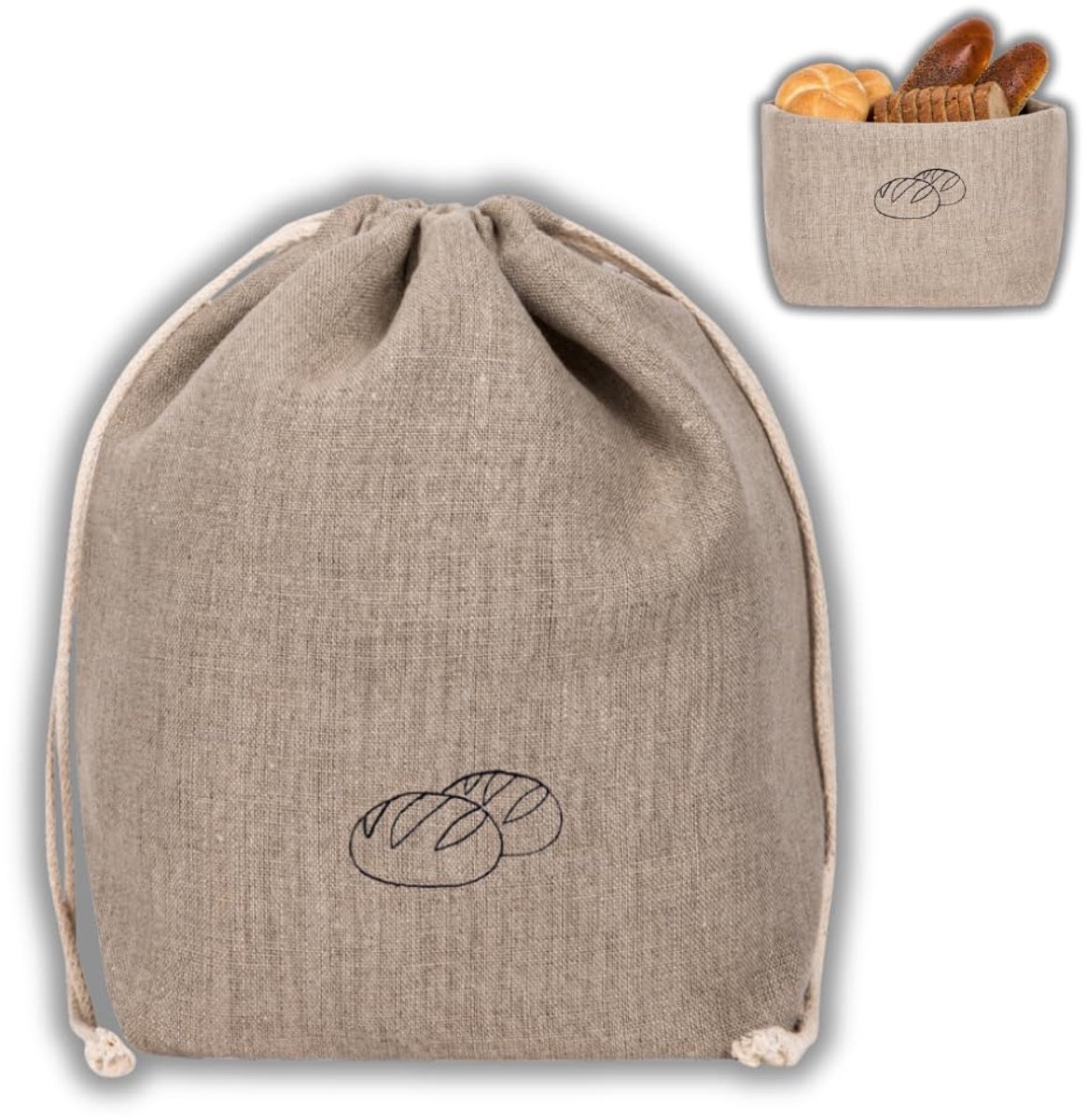 Famanu – Broodzak en broodmand 2-in-1, 30 x 34 cm, stoffen broodmand in Natuur, ademend en decoratief