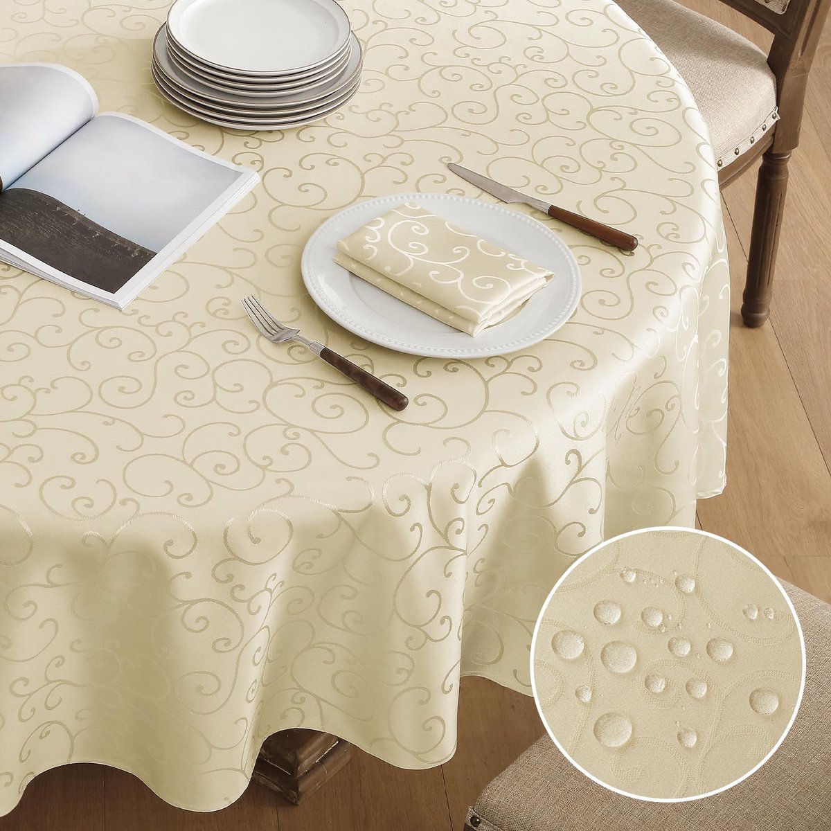 Famanu – Rond kersttafelkleed van 180 cm, beige, afwasbaar en waterafstotend, damast jacquard, geschikt voor kerstfeest en speciale gelegenheden