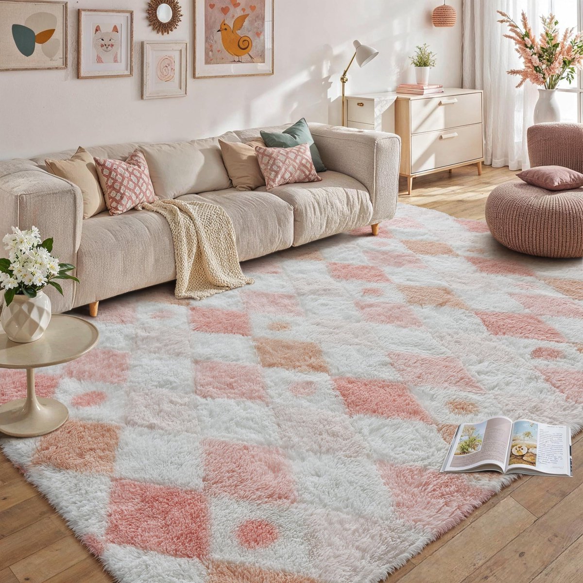 Famanu – Woonkamer tapijt van 200 x 300 cm, roze en wit shaggy, perfect voor een gezellige sfeer in uw huis
