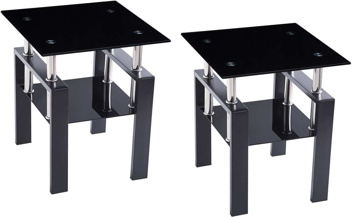 MIVRAY Bijzettafel Set Van 2 Gehard Glas Met Metalen Frame Modern Voor Woonkamer Slaapkamer En Kantoor Zwart