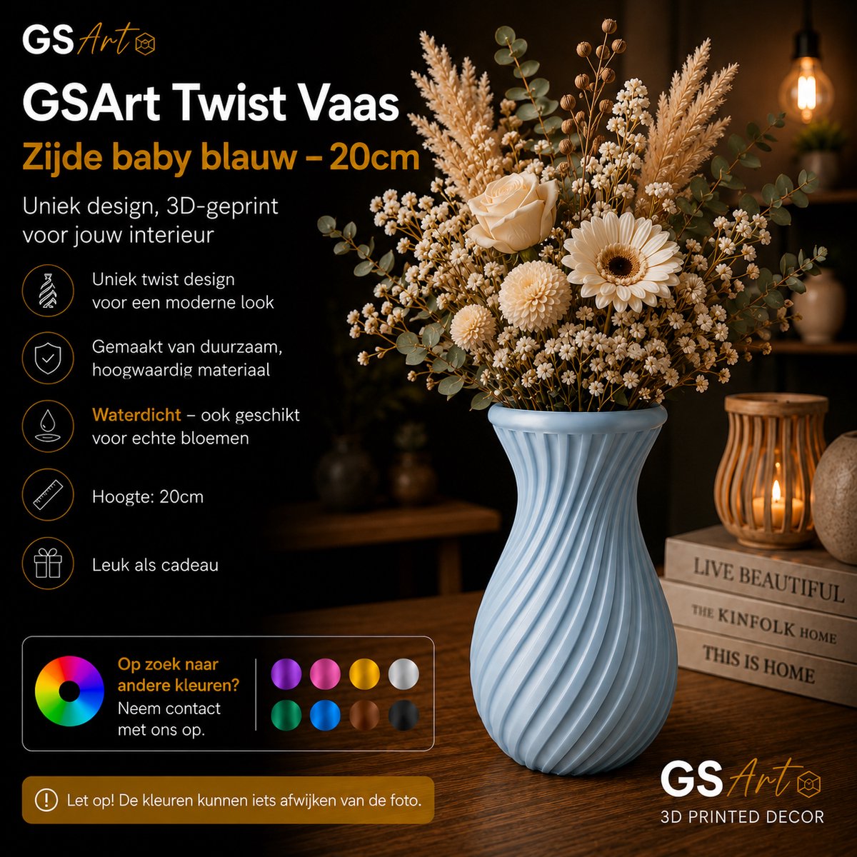 GSArt Twist Vaas 20 cm – Waterdichte 3D Geprinte Design Vaas - Zijde Baby blauw