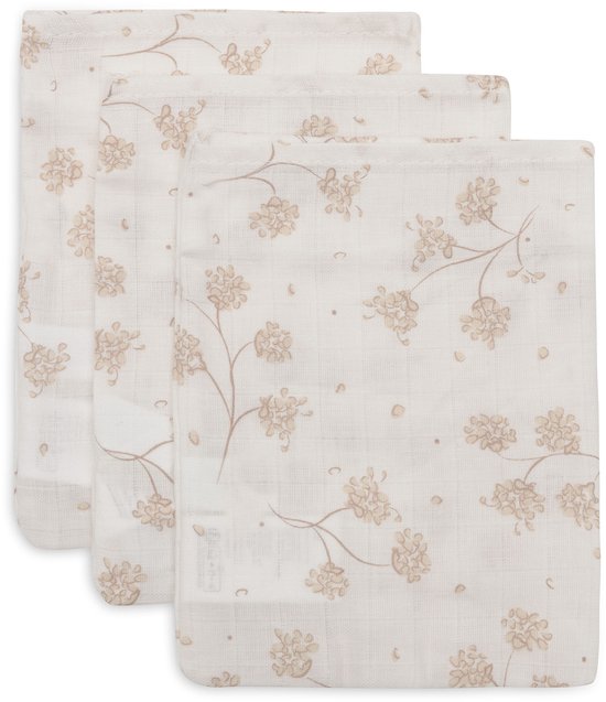 Drie hydrofiele washandjes met een beige bloemenprint op een witte ondergrond. Afmetingen 15x20cm.