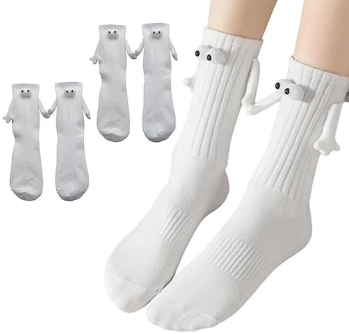 Casalora 2 Paar Sokken met Magnetische Handjes – Wit – Maat 35-43 – Grappige Sokken met Magneet handen en Ogen