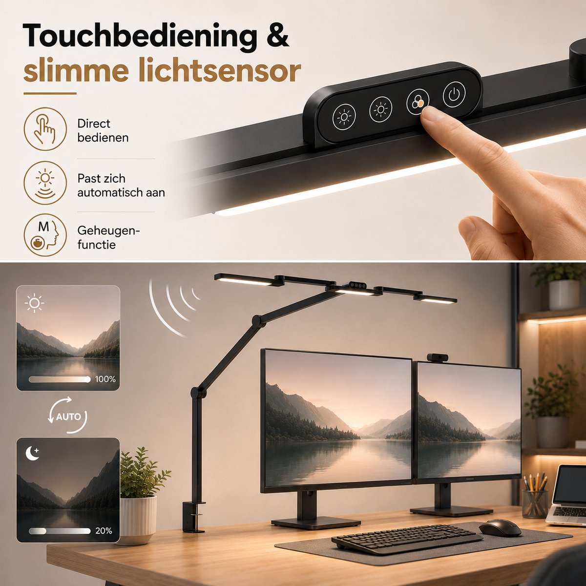 MUPOO 3-Lichts Bureaulamp LED Dimbaar met Klem Ø105 cm - Werklamp met 3 Verstelbare Lichtbalken&6 Draaipunten - Monitor Lamp met Automatische Lichtsensor - Klemlamp - Hobbylamp - Architectenlamp-voor oor Tekenen, Handwerk, Modelbouw en Werkbank thumbnail 5