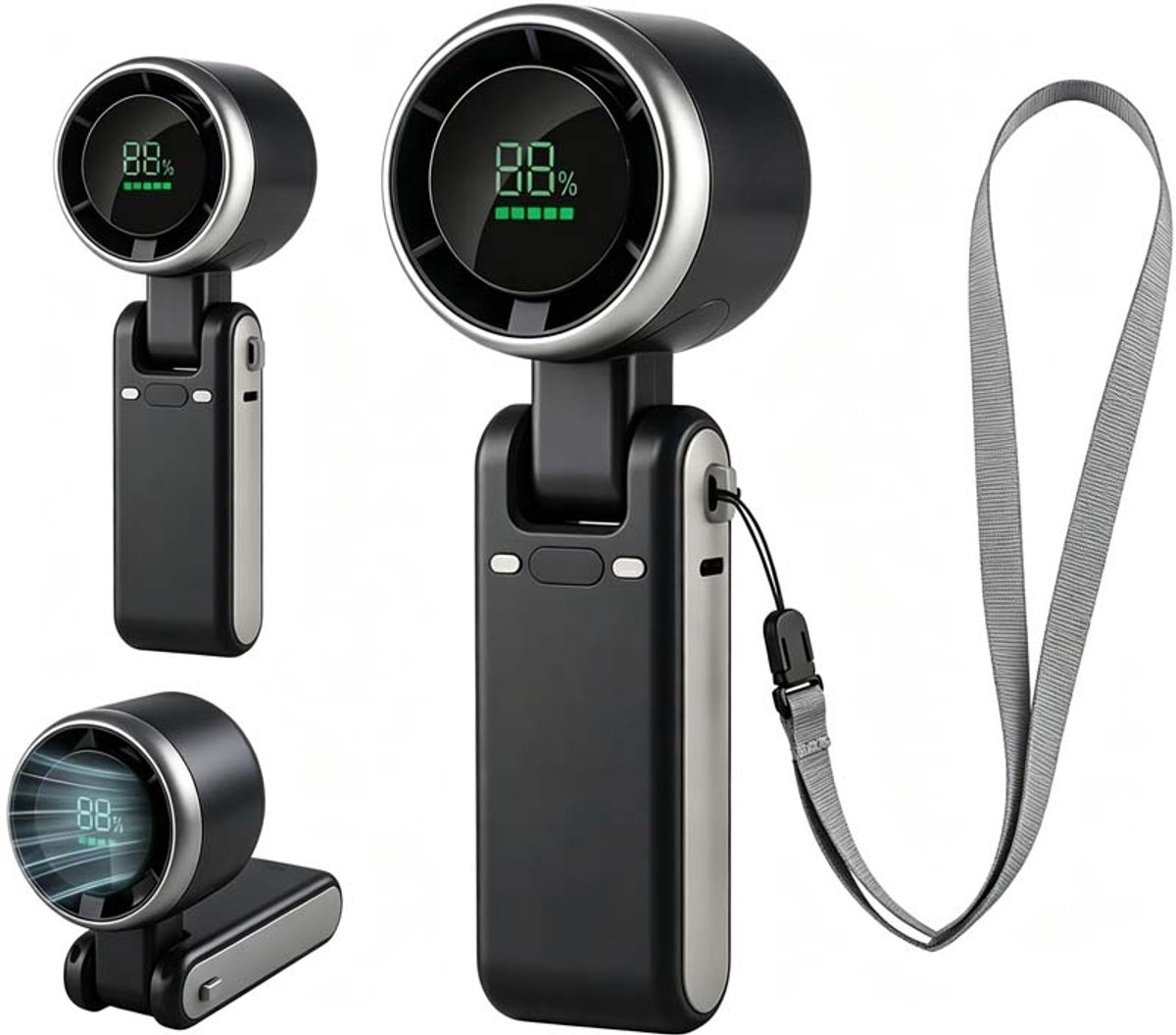 Sogiol® Mini Draagbare Ventilator - Handventilator Oplaadbaar USB-C - 3600mAh Batterij - 5 Snelheden - LED-Scherm - Opvouwbaar - Zwart