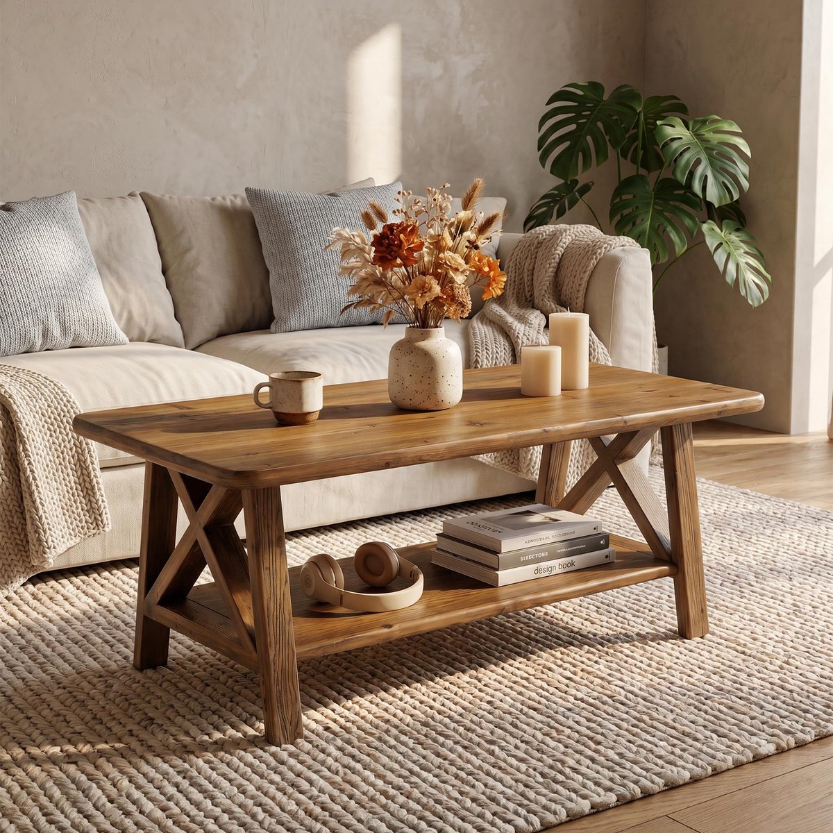 LITTLE TREE Rechthoekige Salontafel - 120 X 60 X 50 cm - Massief Hout - X‑Poten - Met Opbergplank - Landhuis Stijl - Bruin