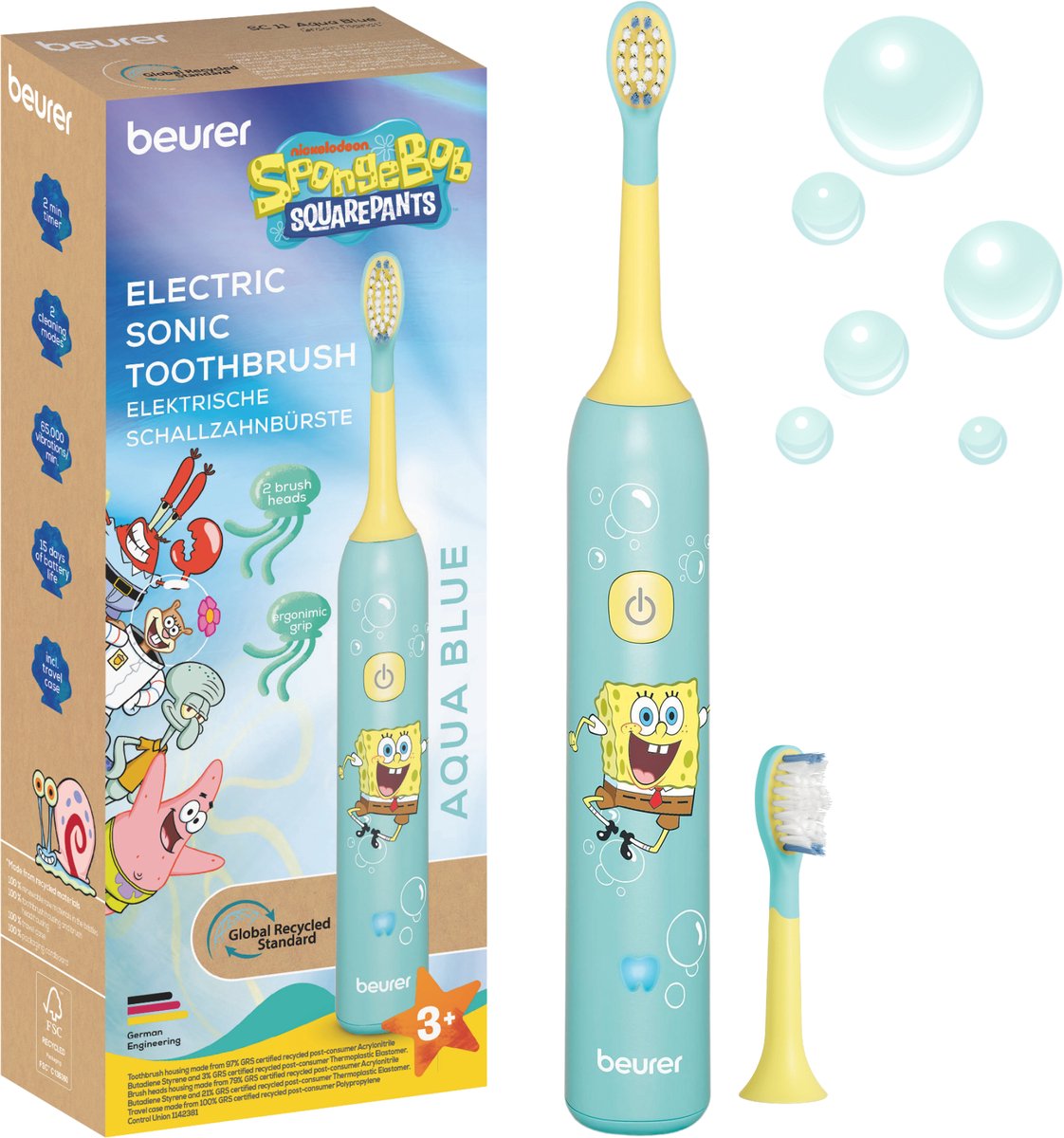 Beurer SC 11 SpongeBob Elektrische Tandenborstel Kind – Sonische Tandenborstel voor Kinderen 3-12 jaar – Tot 65.000 Bewegingen/min – 2 Opzetborstels 3+ & 6+ – USB-C – Aqua Blue