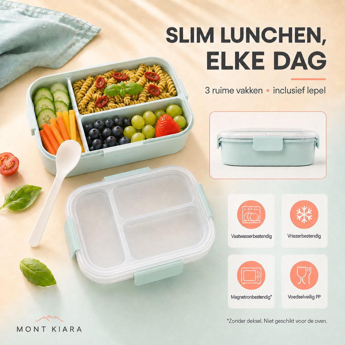 Mont Kiara Lunchbox met 3 Vakken – Inclusief Lepel – Voor School en Kantoor – Mintgroen