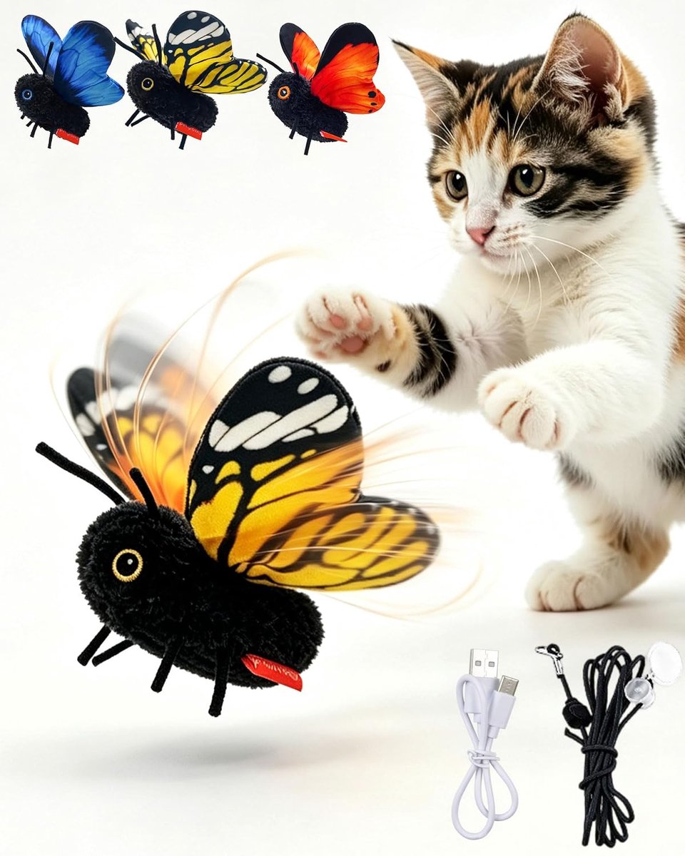 Interactief Vlinder Kattenspeelgoed - USB-oplaadbaar - Met Catnip en Weerstandsband - Fladderend Kattenspeeltje voor Binnenkatten - Geel - SOLLBRY®