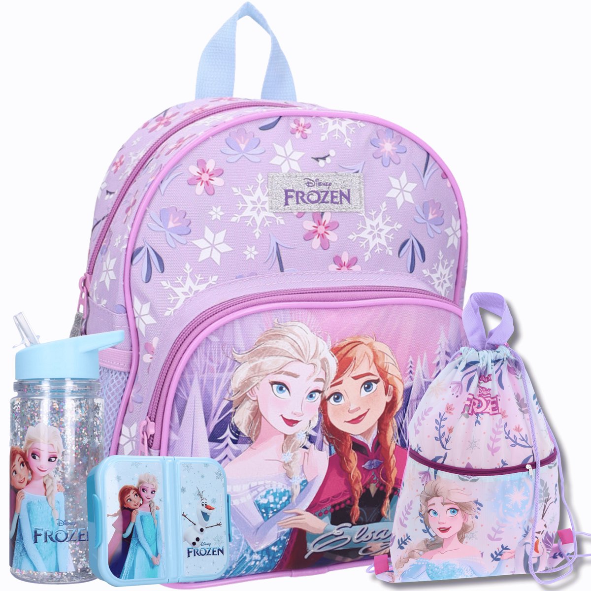 Frozen Schooltas Set Meisjes 4-Delig – Rugzak, Gymtas, Lunchbox & Glitter Drinkfles – Elsa & Anna – BPA Vrij – Roze/Paars – Basisschool