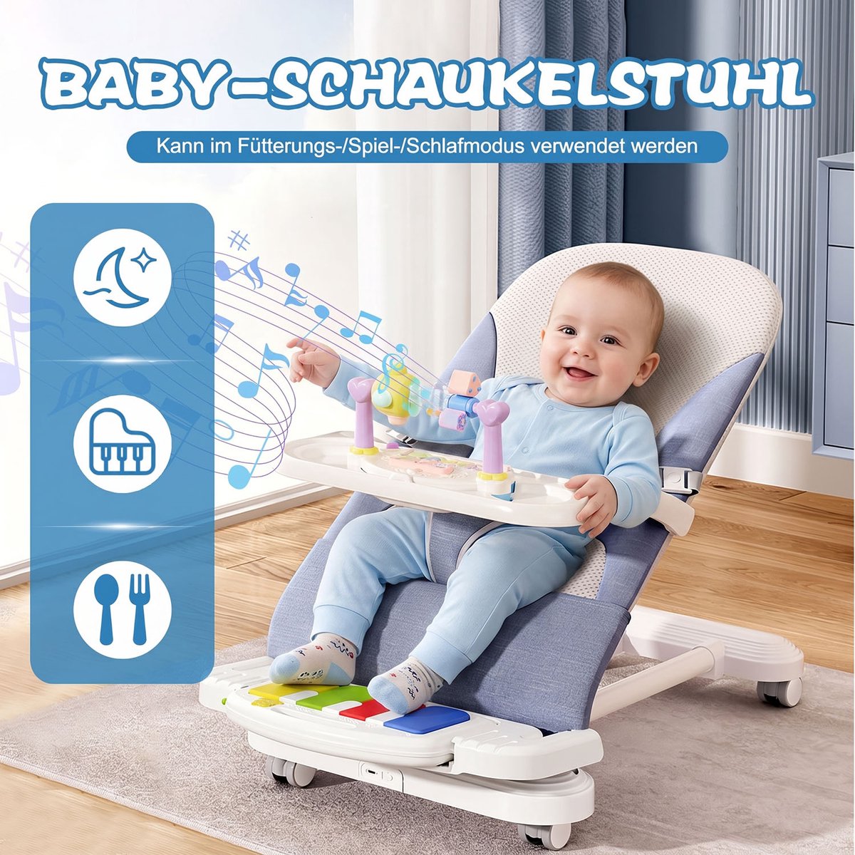 Baby schommelstoel-Comfortabele babyzitje-3 standen-Speelboog-Pianofunctie-Afneembaar dienblad-Zandblauw thumbnail 4