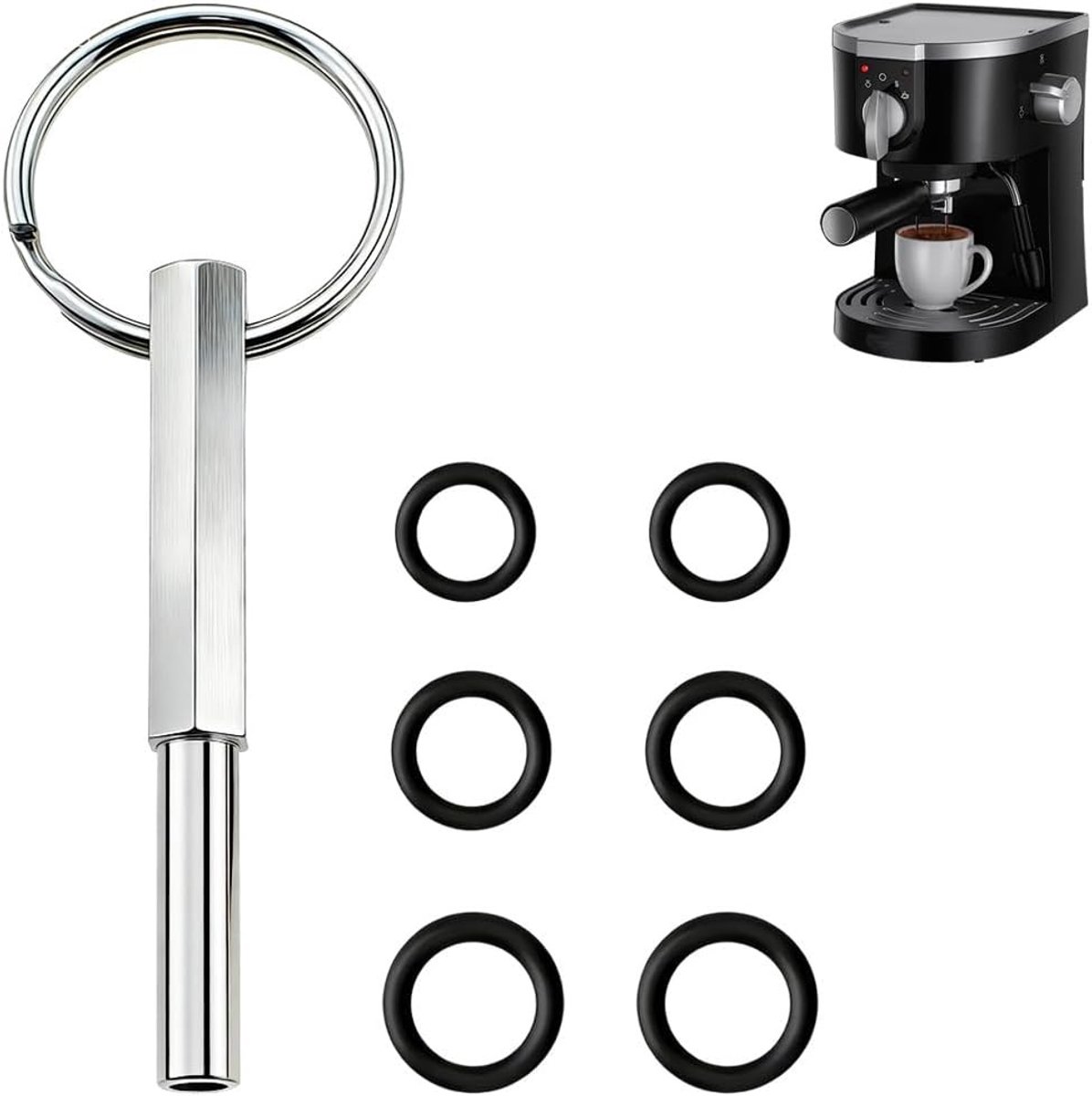 Ovale kopsleutel voor volautomatische koffieautomaten met 6 reserve rubberen ringen voor reparatie en onderhoud