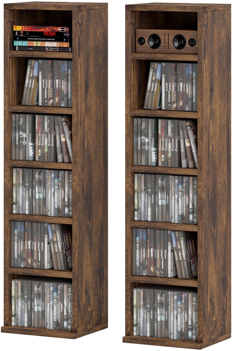 Opbergrek voor Blu-ray-schijfjes, CD/DVD-rek in donkerbruin eikenhout – tweedelig mediarek voor het opbergen van CD’s