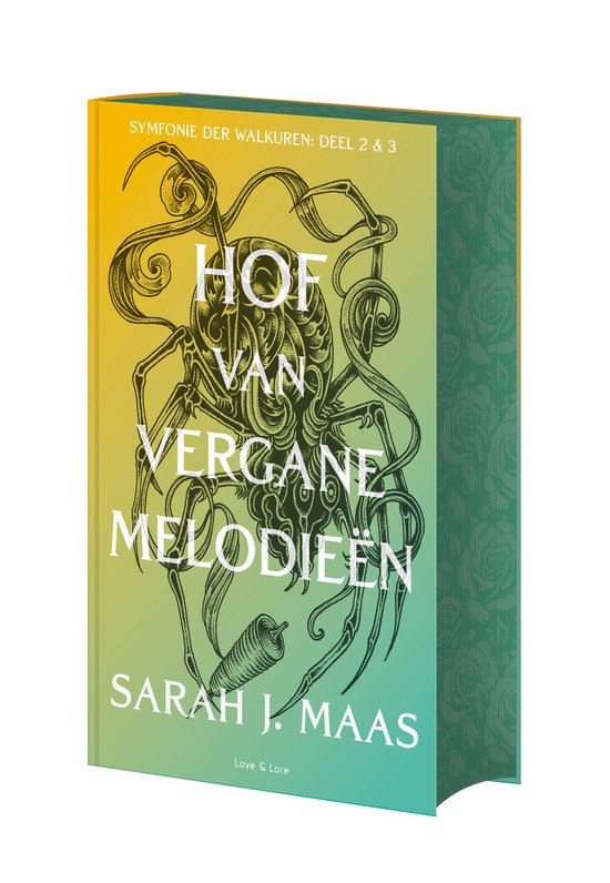 Boek 'Hof van vergane melodieën' met gele-groene omslag en spinnenmotief. Titel en auteursnaam in witte letters.