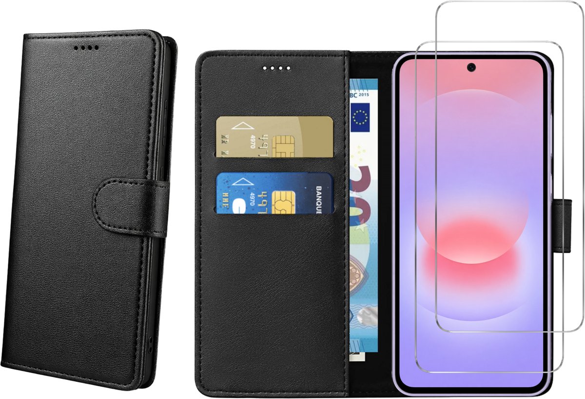 Hoesje Portemonnee geschikt voor Samsung Galaxy A27 5G Zwarte portemonnee met magnetische klep en kaartopslag en 2 stuks Screenprotector Gehard Glas
