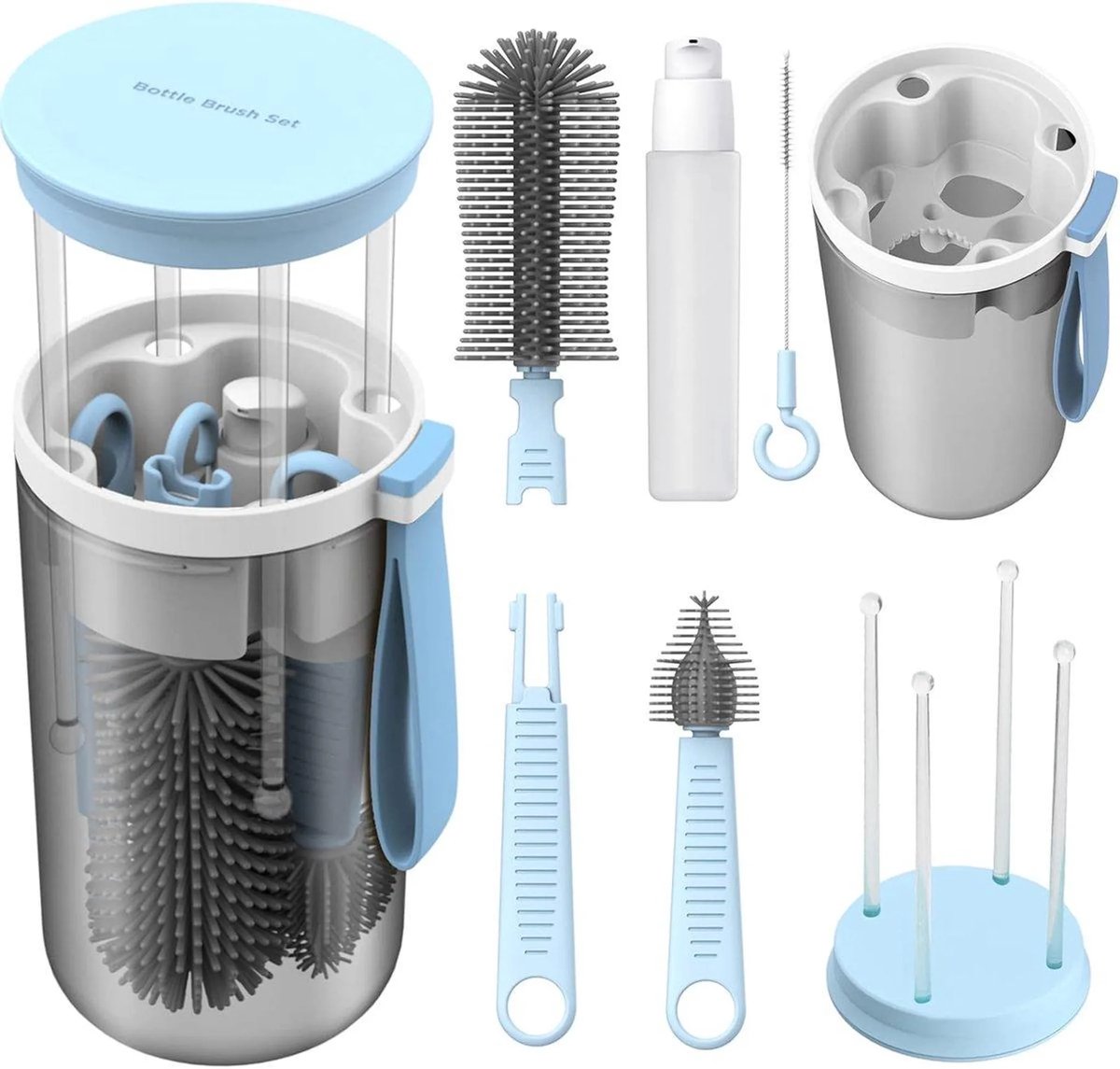 casalora - Flessenborstel Set voor baby's - Babyfles Reiniger Set - 6-in-1 Flesreinigingsset - lessenreiniger - Flessenrager - Schoonmaakborstel - BPA-vrij - Voor Glazen, Flessen, Bidons & Rietjes - Blauw