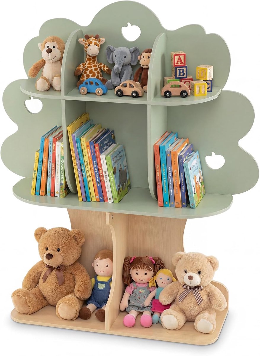 KOMFOTTEU Kinderboekenrek – Opbergmeubel voor boeken en speelgoed – Montessori-rek met 8 open vakken – Vrijstaand kinderboekenrek met appelmotief voor kinderkamers en speelkamers – Groen