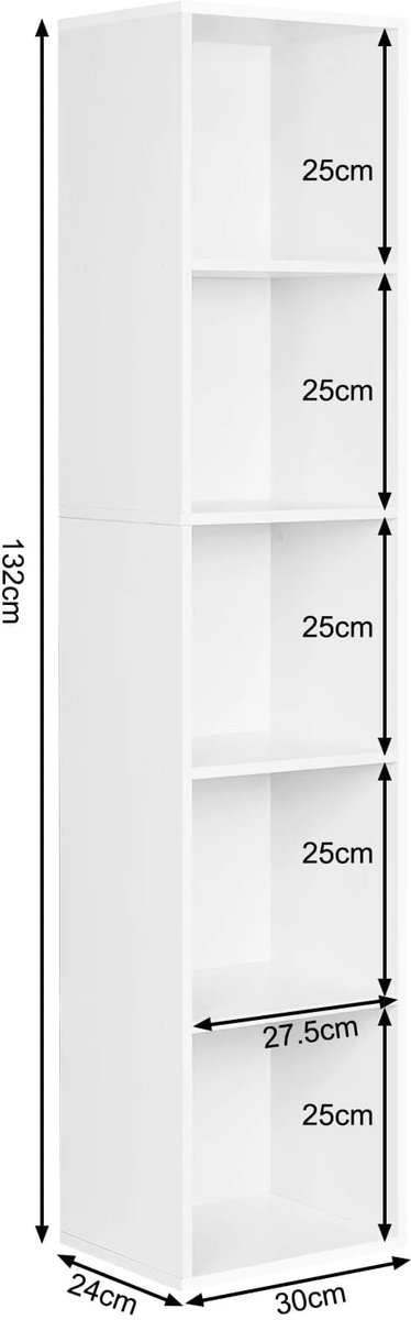 Klarven® Boekenkast Wit - 4 Kubussen Opbergruimte - Stabiel en Compact - 30x24x158.5 cm