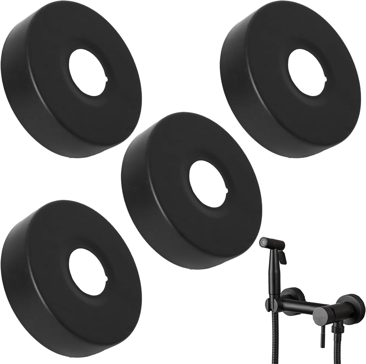 Set van 4 zwarte rozetten voor douchekranen, elegante metalen afwerking, geschikt voor 25 mm binnenfittingen, perfect voor badkameraccessoires en sanitairdecoratie