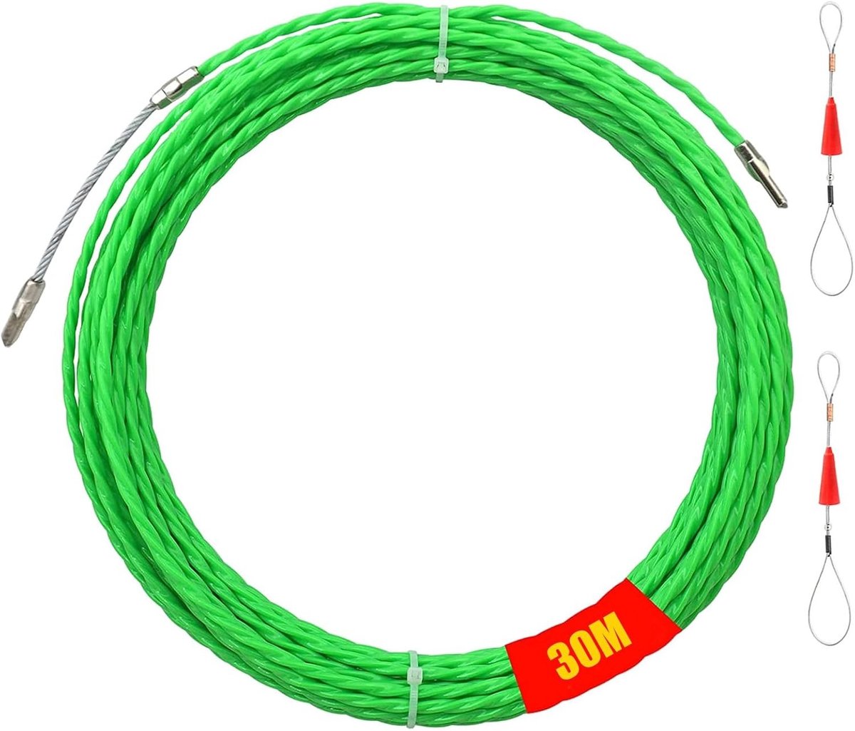 Kabelinvoerhulp, 30 m polyester voedingsdraad, 4 mm diameter, kabelinvoer en trekdraad, ideaal voor communicatie en installatie, met geleideveren en spiraalvormige voeding