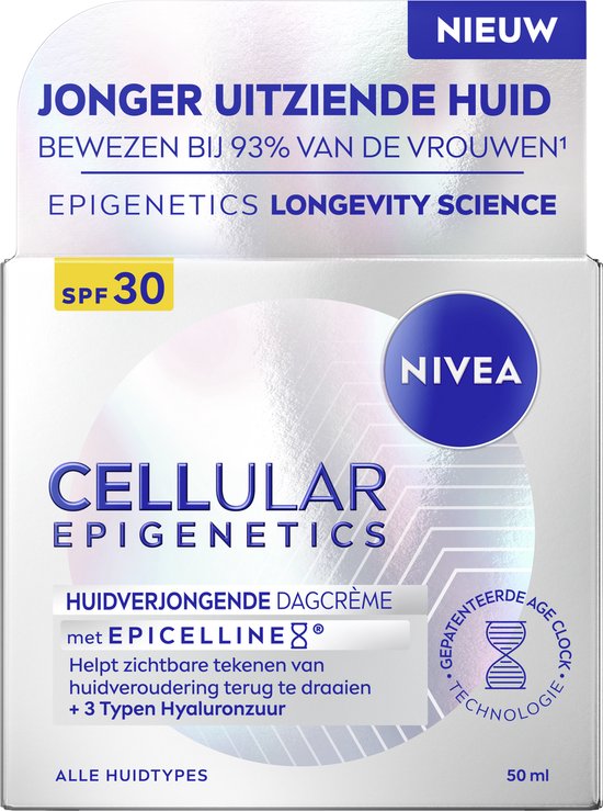 Doos van NIVEA Cellular Epigenetics Huidverjongende Dagcrème SPF 30 met tekst 'Jonger uitzien huid' en 'Epigenetics Longevity Science'.