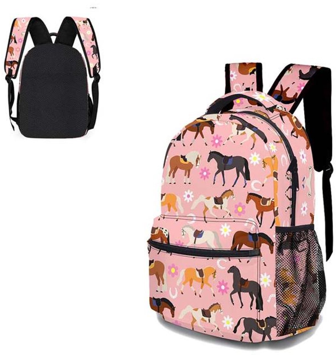 KZQ Rugzak - Leuke Roze Schoudertas - Lichtgewicht en Duurzaam - Meerdere Vakken - Geschikt voor Laptop - Ruime Reistas voor 17-inch laptops (Roze Pony)