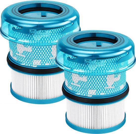 Deux filtres d'aspirateur bleus et blancs, chacun avec un dessus bleu transparent et un élément filtrant blanc plissé.