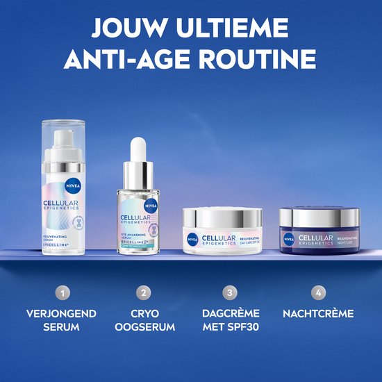 NIVEA Cellular Epigenetics routine met vier producten: serum, oogserum, dagcrème SPF 30 en nachtcrème.