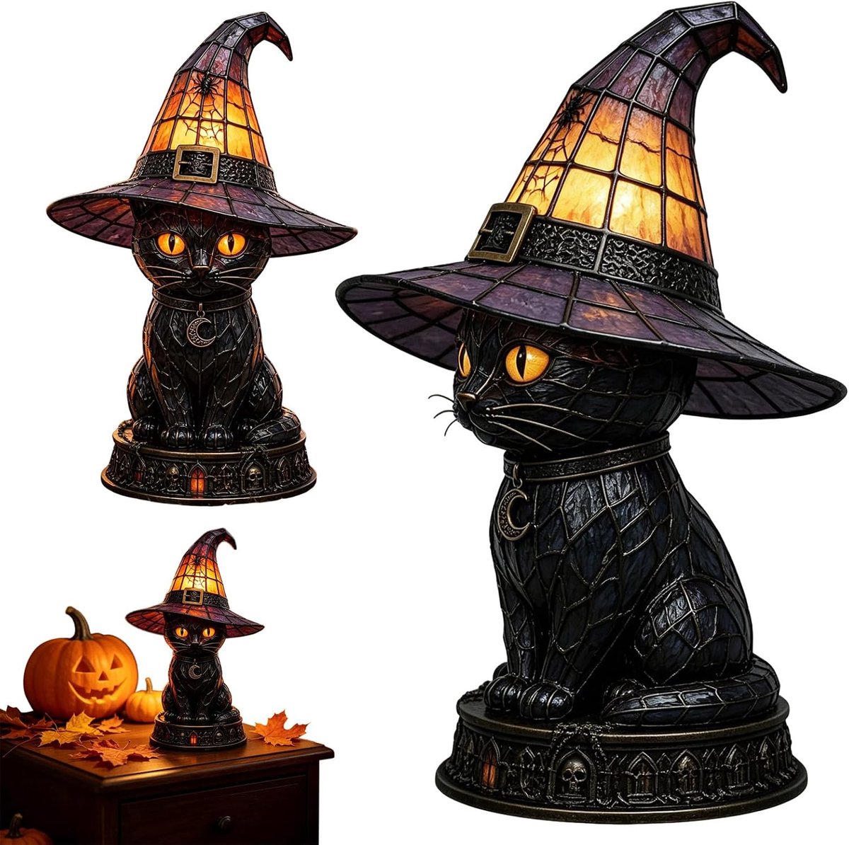 KZQ Zwarte Kattenlamp Met Heksenhoed - 12x12x25 cm - Hars - Met E12 Lamp - Met Snoer & Schakelaar - Voor Halloween Gotiek - Zwart