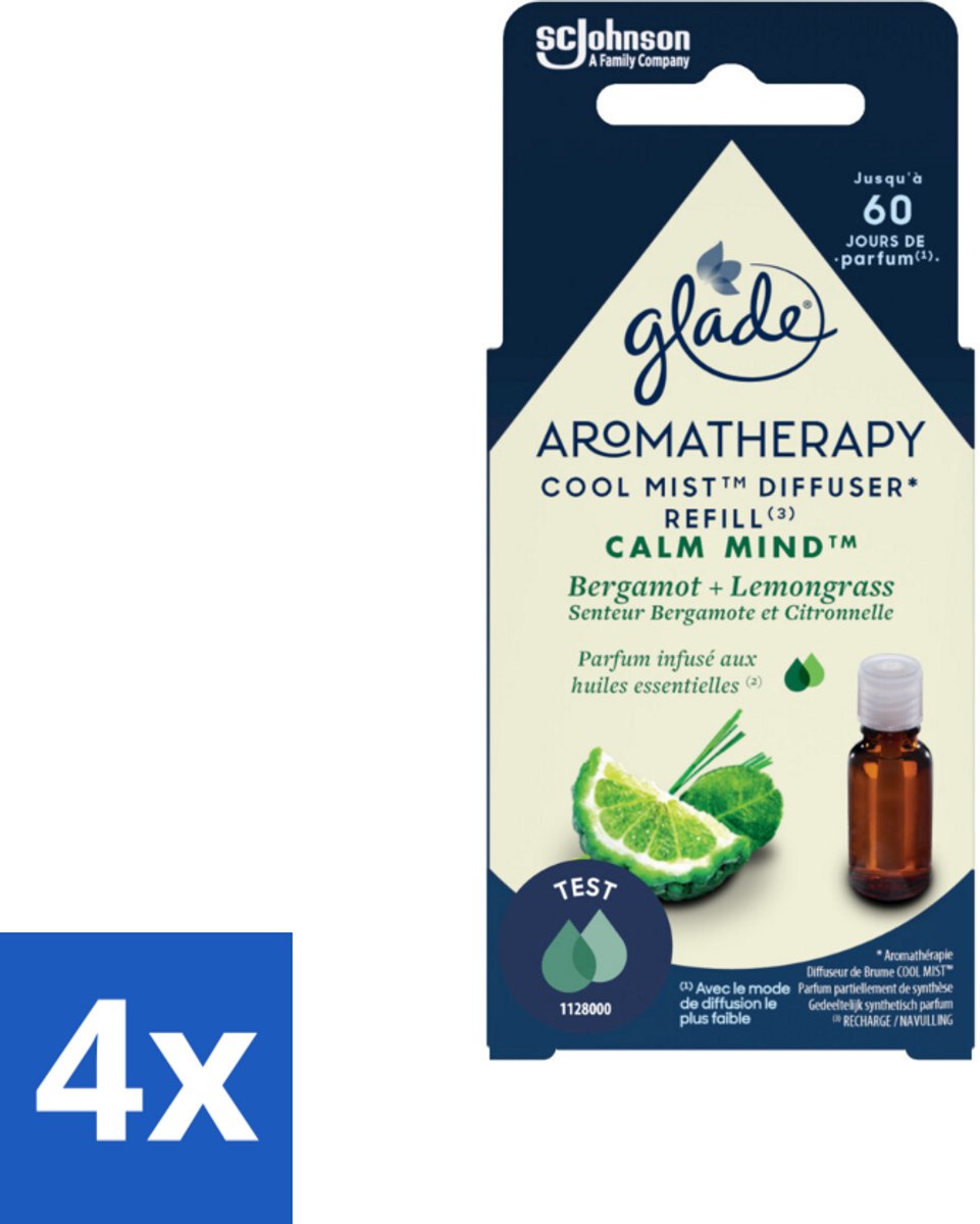 4 x Glade – Aromatherapy Mist Diffuser Navulling – Calm Mind – 17,4 ml - Aromatherapie - Ontspanning - Stressverlichting - Bergamot - Citroengras