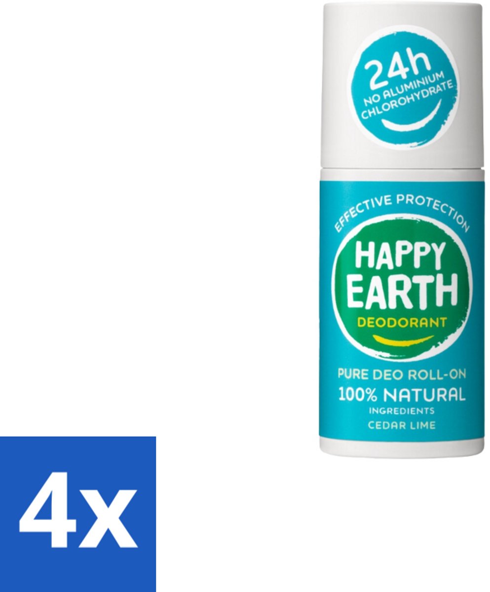 4 x Happy Earth – Deodorant Roll-On – 100% Natuurlijk Cedar Lime – 75 ml - Deodorant - Natuurlijke Deodorant - Cederhout - Limoen - Fris