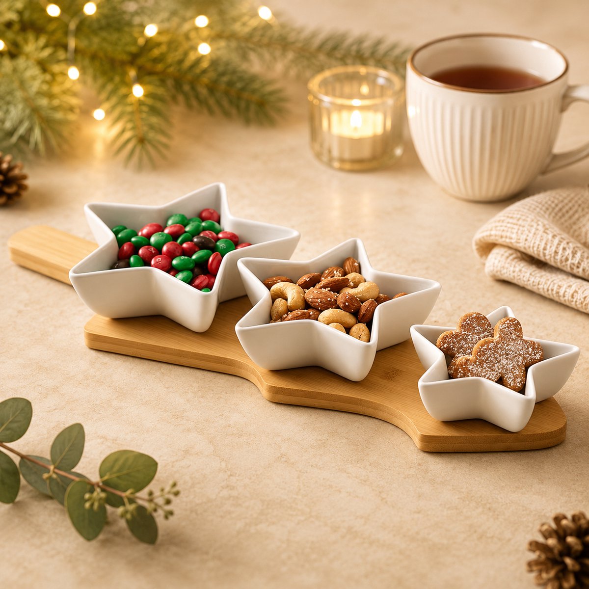 Snackservingset 4 delig - Porseleinen ster-vormige kommen, Bamboe kerstboom-vormig serveerbord, ideaal voor olijven, noten, dips, elegante tafeldecoratie, praktische schalen voor kerst