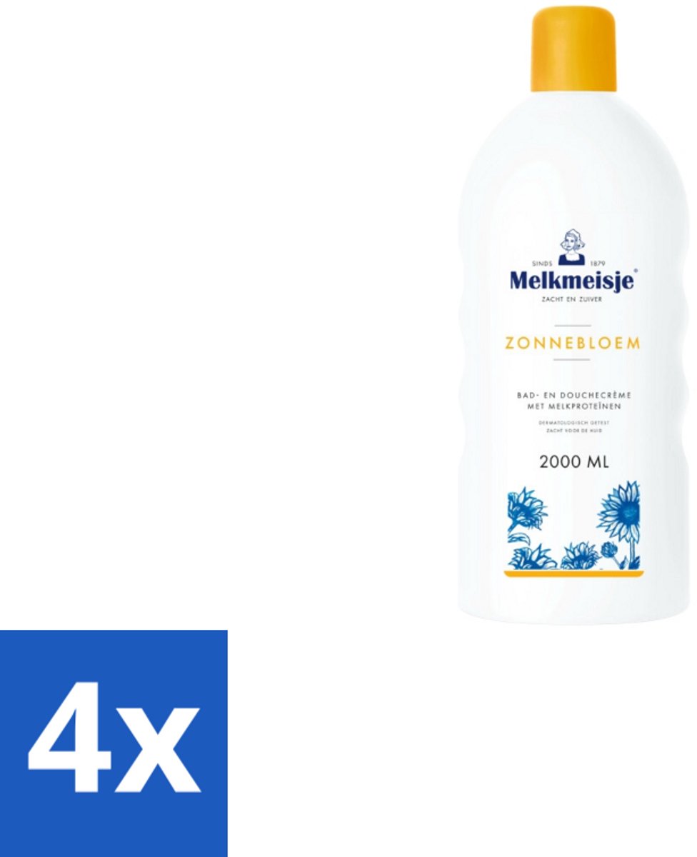 4 x Melkmeisje – Bad & Douchecrème – Zonnebloem – 2000 ml - Bad En Douche Crème - Zonnebloem En Melk - Huid Verzorging - Zachte Crème - Frisse Geur
