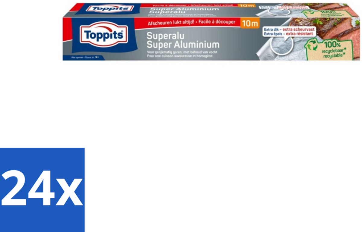 24 x Toppits – Aluminiumfolie – Super Sterk – 10 m - Aluminiumfolie - Voedsel Bewaren - Warmtebestendig - Geurvoorkomen - Ovengebruik