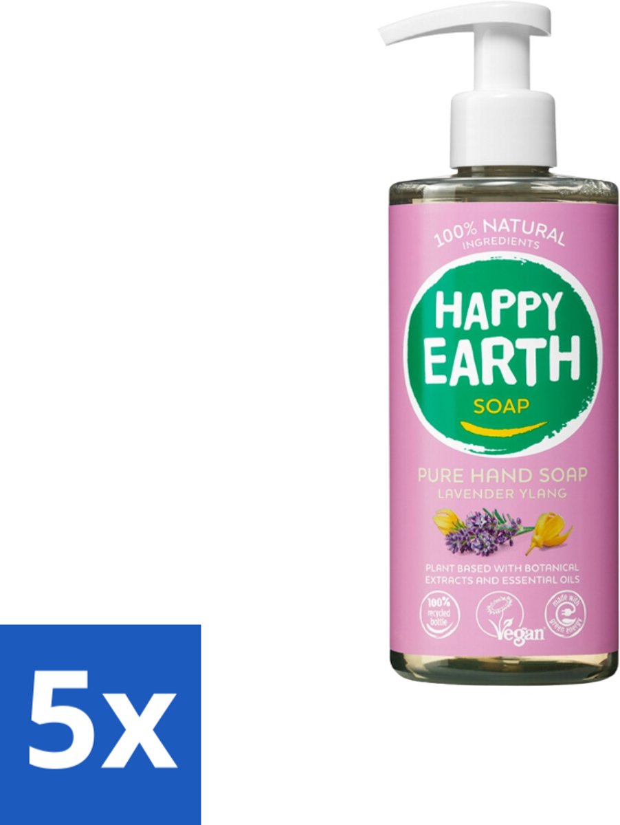 5 x Happy Earth – Handzeep – 100% Natuurlijk Lavender Ylang – 300 ml - Handzeep - Natuurlijke Handzeep - Vegan Handzeep - Lavendel Handzeep - Ylang Handzeep