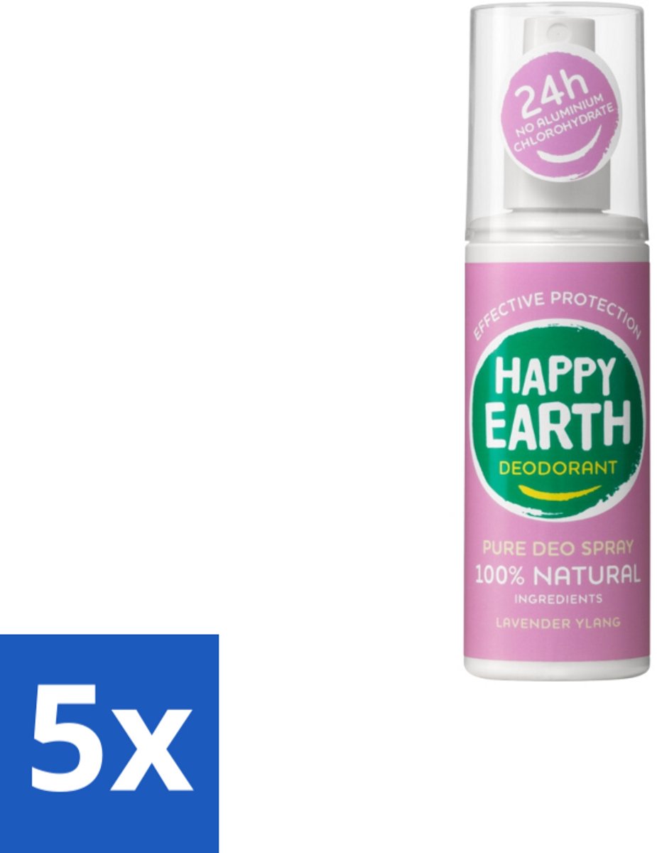 5 x Happy Earth – Deodorant Spray – 100% Natuurlijk Lavender Ylang – 100 ml - Natuurlijke Deodorant Spray - Lavendel Ylang - Geur - Huidvriendelijk - Geen Witte Vlekken